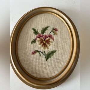 Vintage Floral Needlepoint Art in Gold Tone Oval Frame